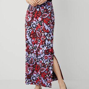 Ann Taylor Paisley Side Slit Column Maxi Skirt In Iconic Red Lined
